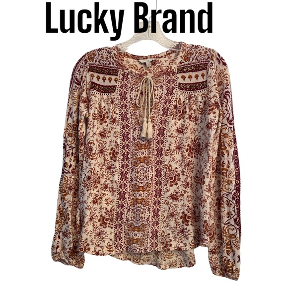 Lucky Brand Keyhole Womens Top Tassel Cotton Stretch Long Sleeve Size XS - Picture 1 of 12